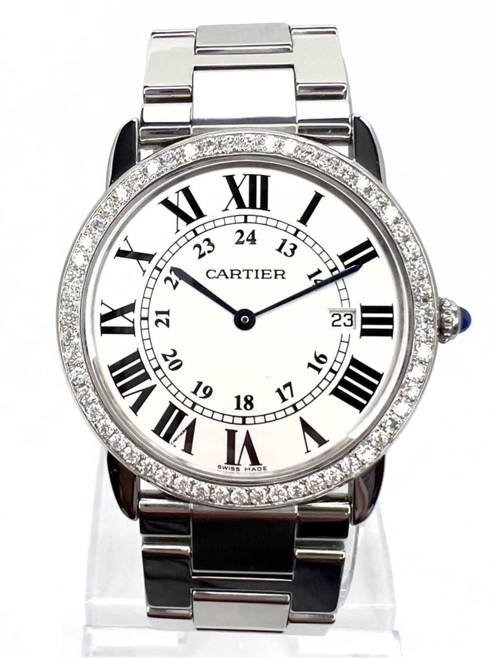 CARTIER RONDE SOLO Date 36mm Quartz Steel 1.1TCW DIAMOND Watch Silver Dial